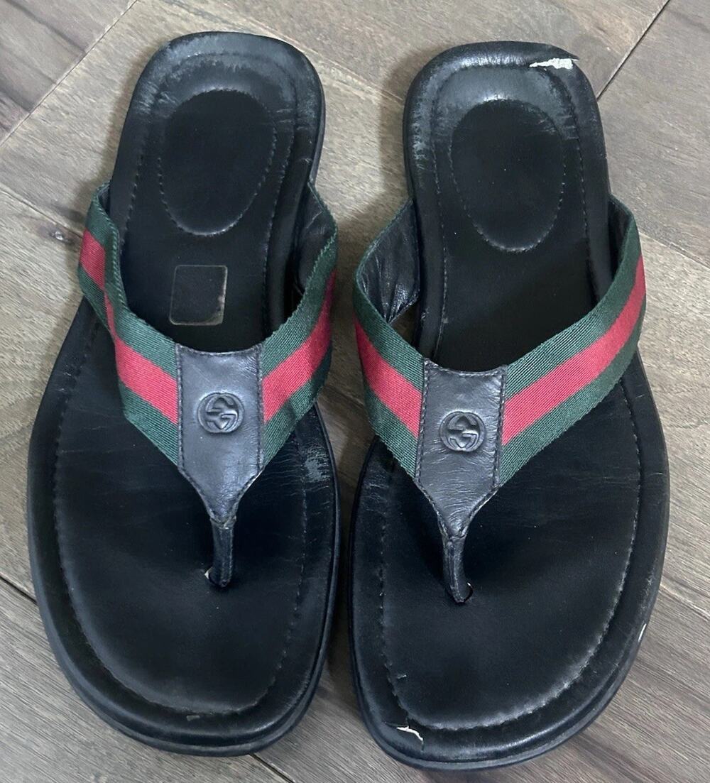 AUTHENTIC GUCCI MEN’S WEB THONG SANDALS BLACK 429362 Sz GG 9 (fits US 10)